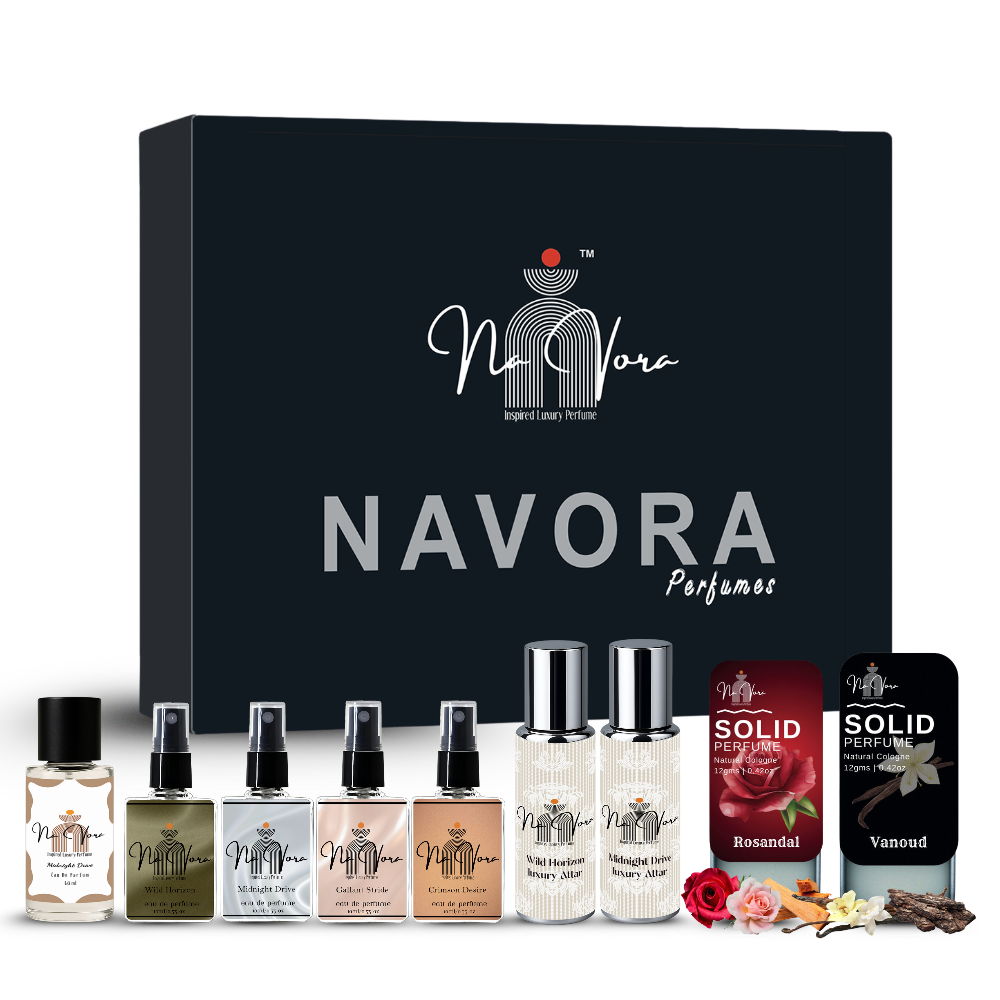Navora Men's Signature Gift Set: 60ml EDP, 4x10ml Mini Sprays, 2x12gms Solid Perfumes, and 2 Attar Roll-Ons.