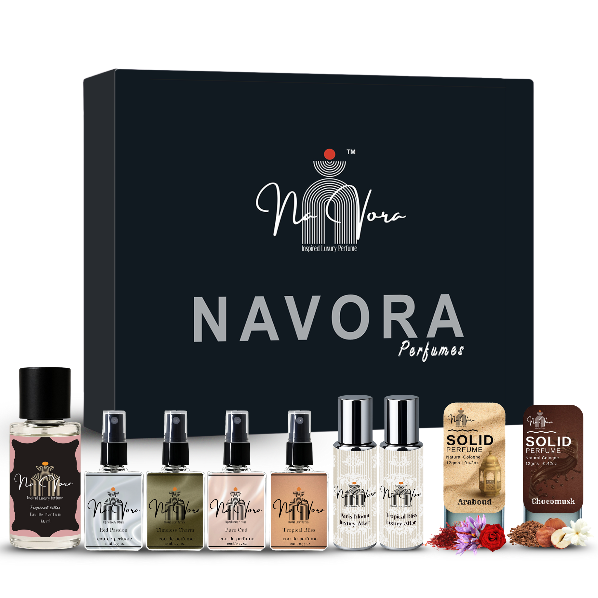 Navora Premium Perfume Gift Set for Women – 1 Eau de Parfum (60ml), 4 Mini Sprays (10ml each), 2 Luxury Attar Roll-Ons (10ml each), 2 Solid Perfume Waxes (12g each)