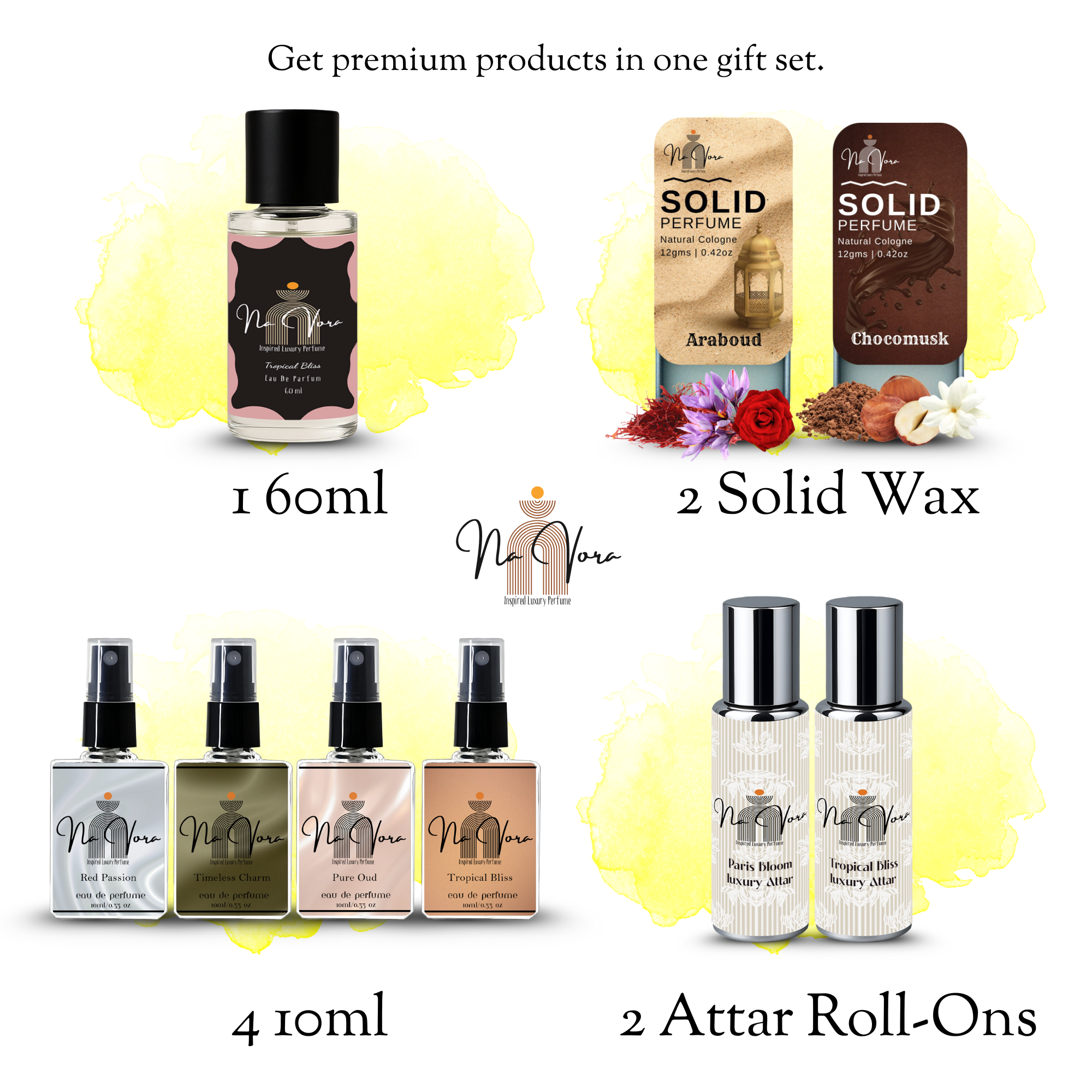 Navora Premium Perfume Gift Set for Women – 1 Eau de Parfum (60ml), 4 Mini Sprays (10ml each), 2 Luxury Attar Roll-Ons (10ml each), 2 Solid Perfume Waxes (12g each)