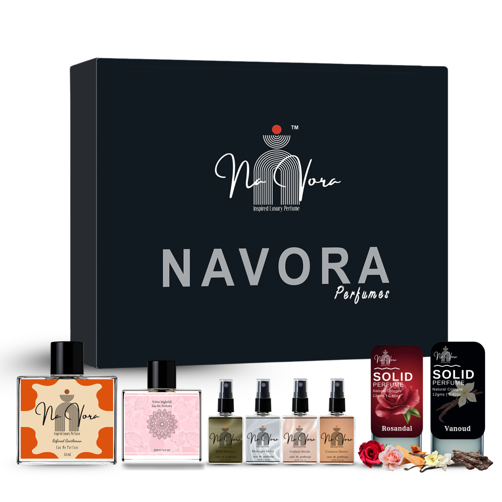 Navora Men's Complete Perfume Gift Set: 100ml, 30ml, 4x10ml EDPs, and 2x12gms Solid Perfumes (Rosandal, Vanoud).