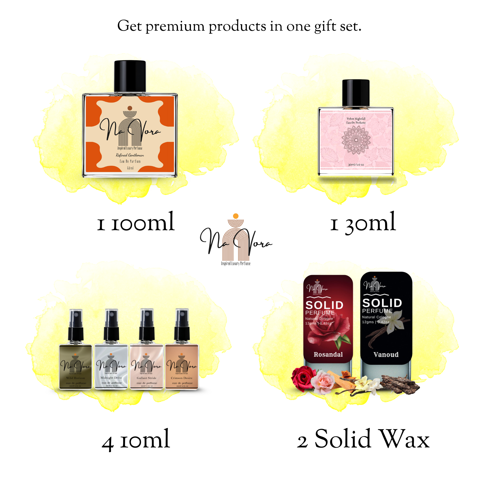 Navora Men's Complete Perfume Gift Set: 100ml, 30ml, 4x10ml EDPs, and 2x12gms Solid Perfumes (Rosandal, Vanoud).