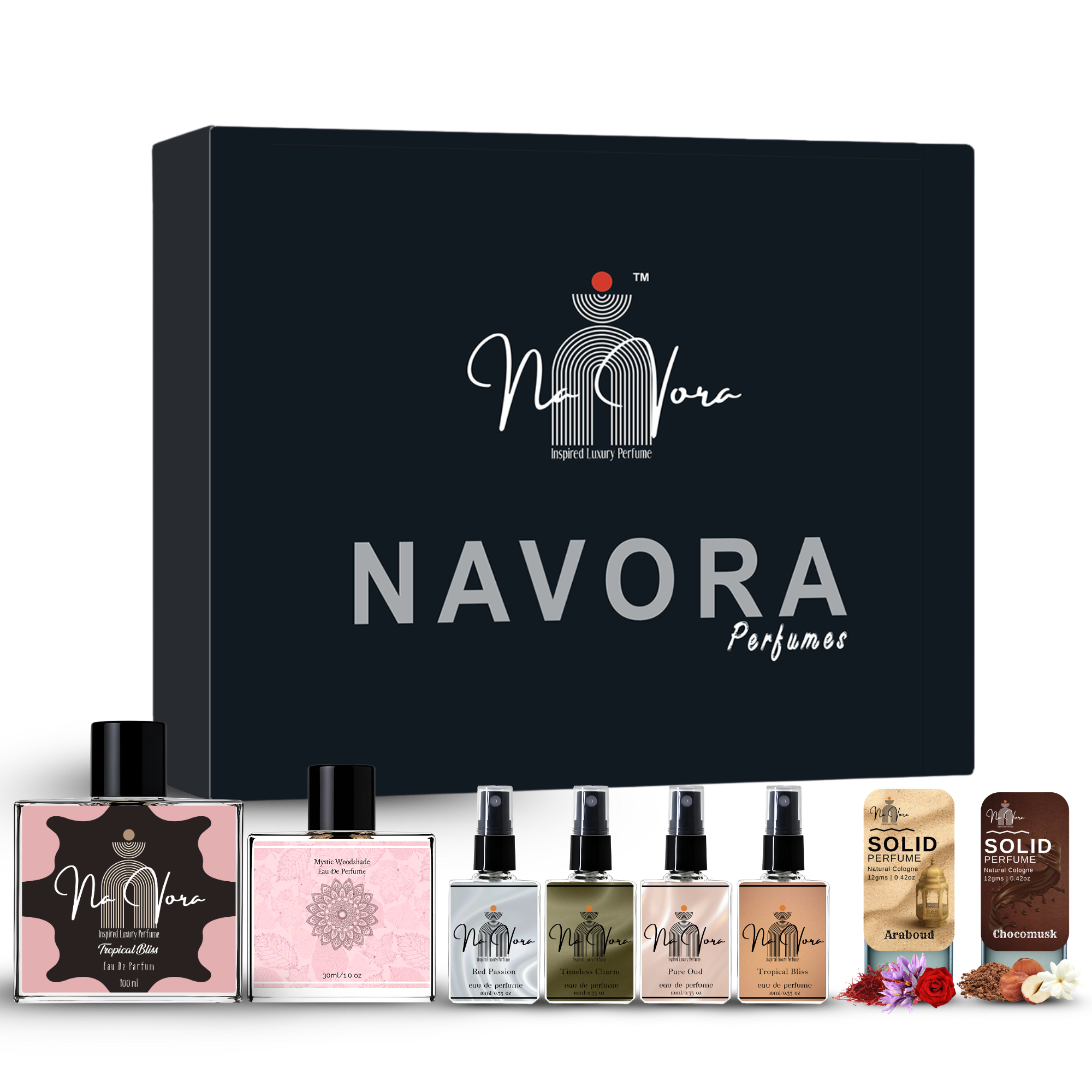 Navora Perfumes Luxury Gift Set for Women – Tropical Bliss 100ml, Mystic Woodshade 30ml, Red Passion 10ml, Timeless Charm 10ml, Pure Oud 10ml, Tropical Bliss 10ml & Solid Perfumes (Araboud & Chocomusk)