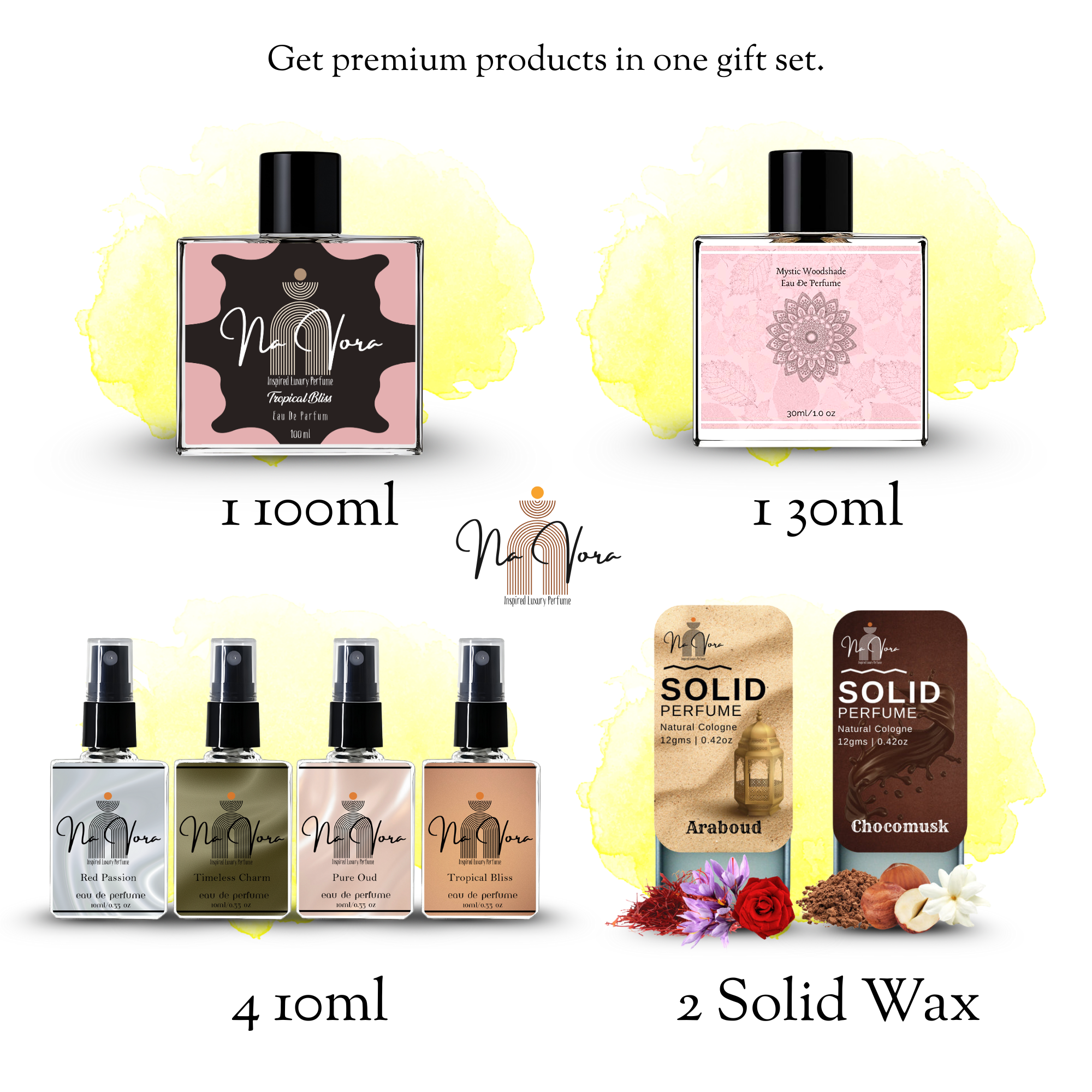 Navora Perfumes Luxury Gift Set for Women – Tropical Bliss 100ml, Mystic Woodshade 30ml, Red Passion 10ml, Timeless Charm 10ml, Pure Oud 10ml, Tropical Bliss 10ml & Solid Perfumes (Araboud & Chocomusk)