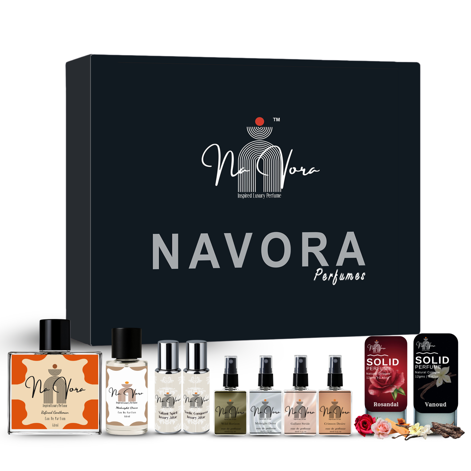 Navora Men's Mega Perfume Gift Set: 100ml, 60ml, 4x10ml EDPs, 2x12gms Solid Perfumes, and 2 Attar Roll-Ons.