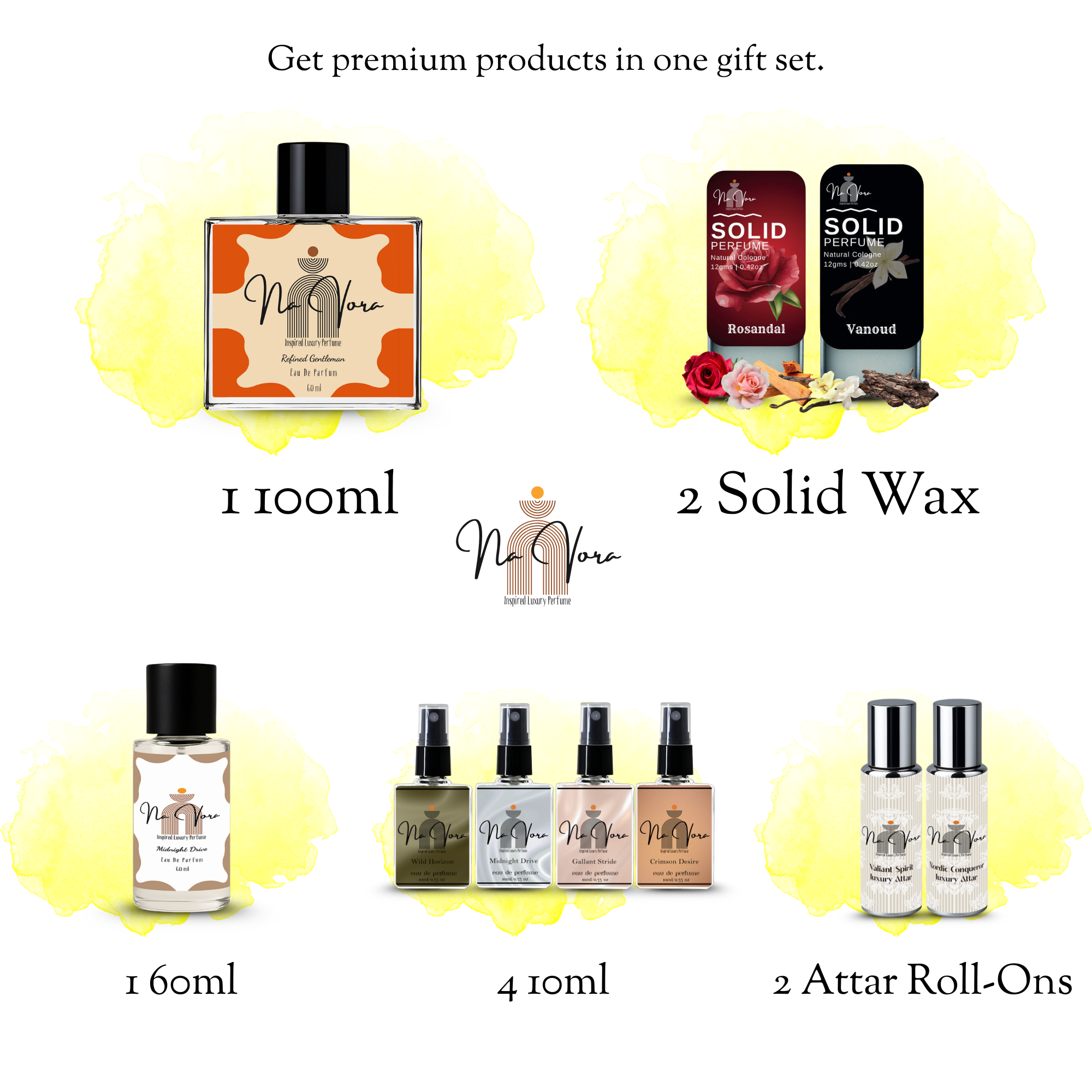 Navora Men's Mega Perfume Gift Set: 100ml, 60ml, 4x10ml EDPs, 2x12gms Solid Perfumes, and 2 Attar Roll-Ons.