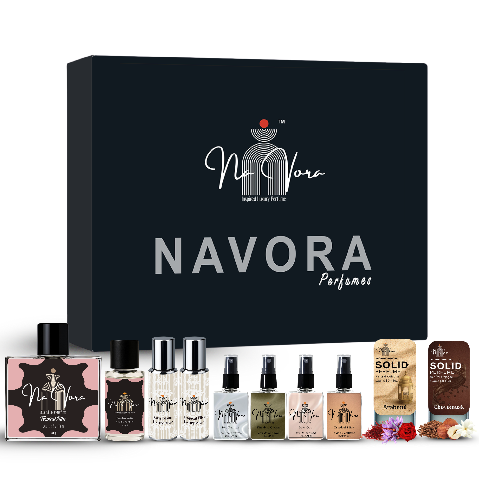 Navora Women's Deluxe Perfume Gift Set: 100ml & 60ml EDP, 4x10ml Mini Sprays, 2x12gms Solid Perfumes (Araboud, Chocomusk), and 2 Attar Roll-Ons.