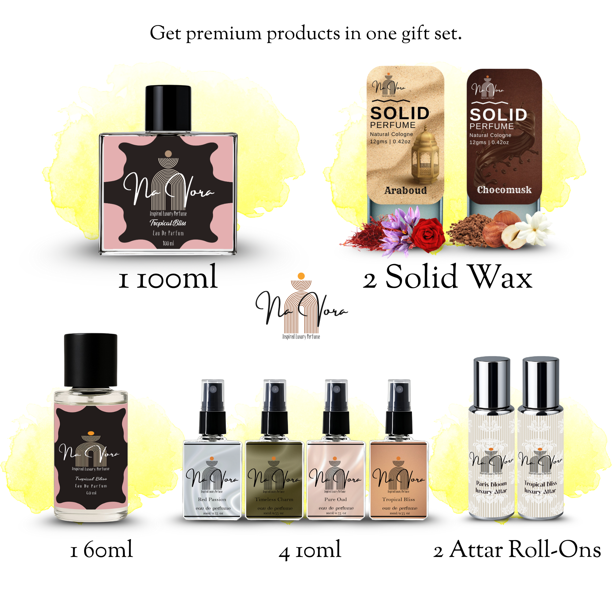 Navora Women's Deluxe Perfume Gift Set: 100ml & 60ml EDP, 4x10ml Mini Sprays, 2x12gms Solid Perfumes (Araboud, Chocomusk), and 2 Attar Roll-Ons.