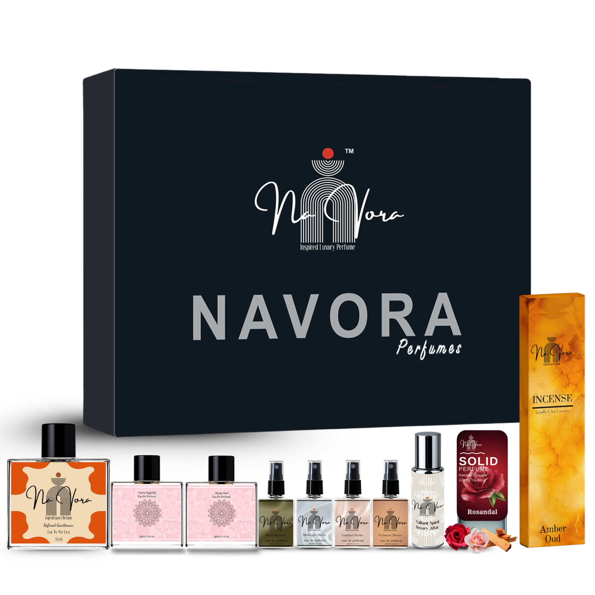 Navora Men's Ultimate Gift Set: 100ml, 2x30ml, 4x10ml EDPs, 12gm Solid Perfume (Rosandal), Attar Roll-On, and Amber Oud Incense.