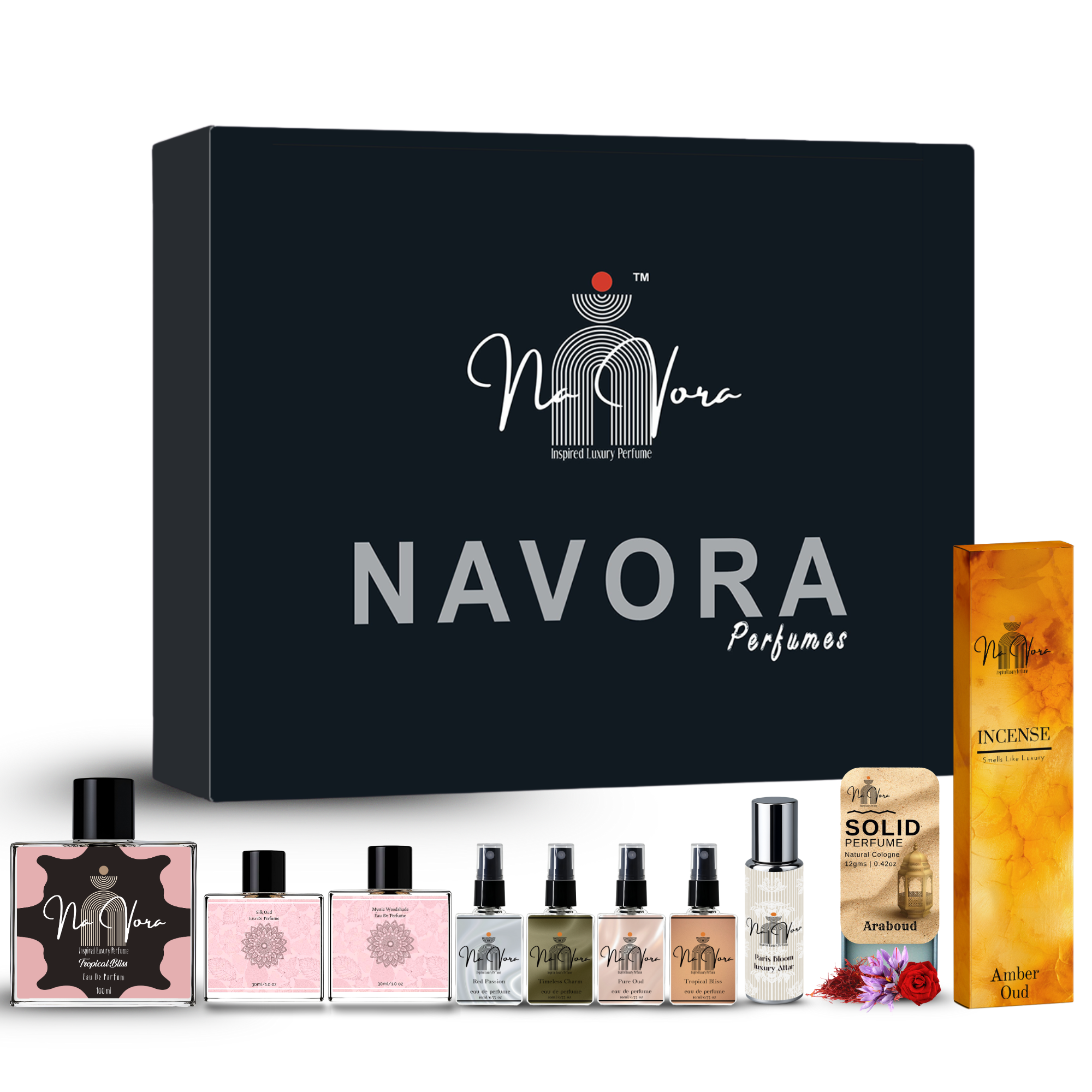 Navora Women's Complete Luxury Gift Set: 100ml, 2x30ml, 4x10ml EDPs, 12gm Solid Perfume (Araboud), Attar Roll-On, and Amber Oud Incense.