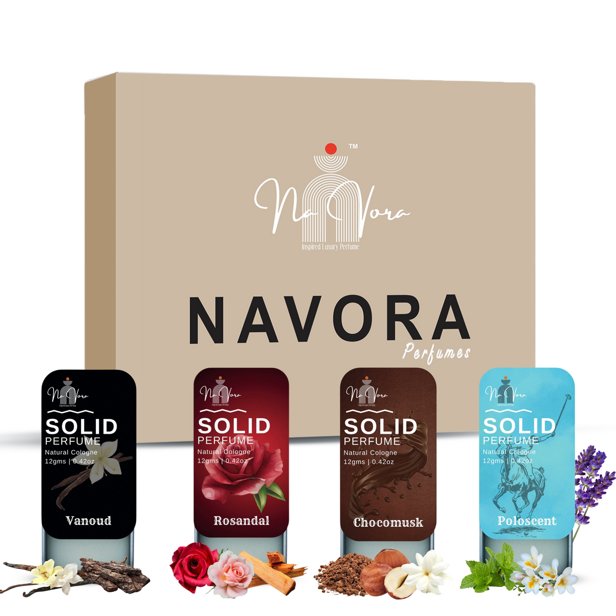 Navora Perfumes – Set of 4 Solid Perfumes | Vanoud, Rosandal, Chocomusk, Poloscent | Long-lasting Natural Colognes