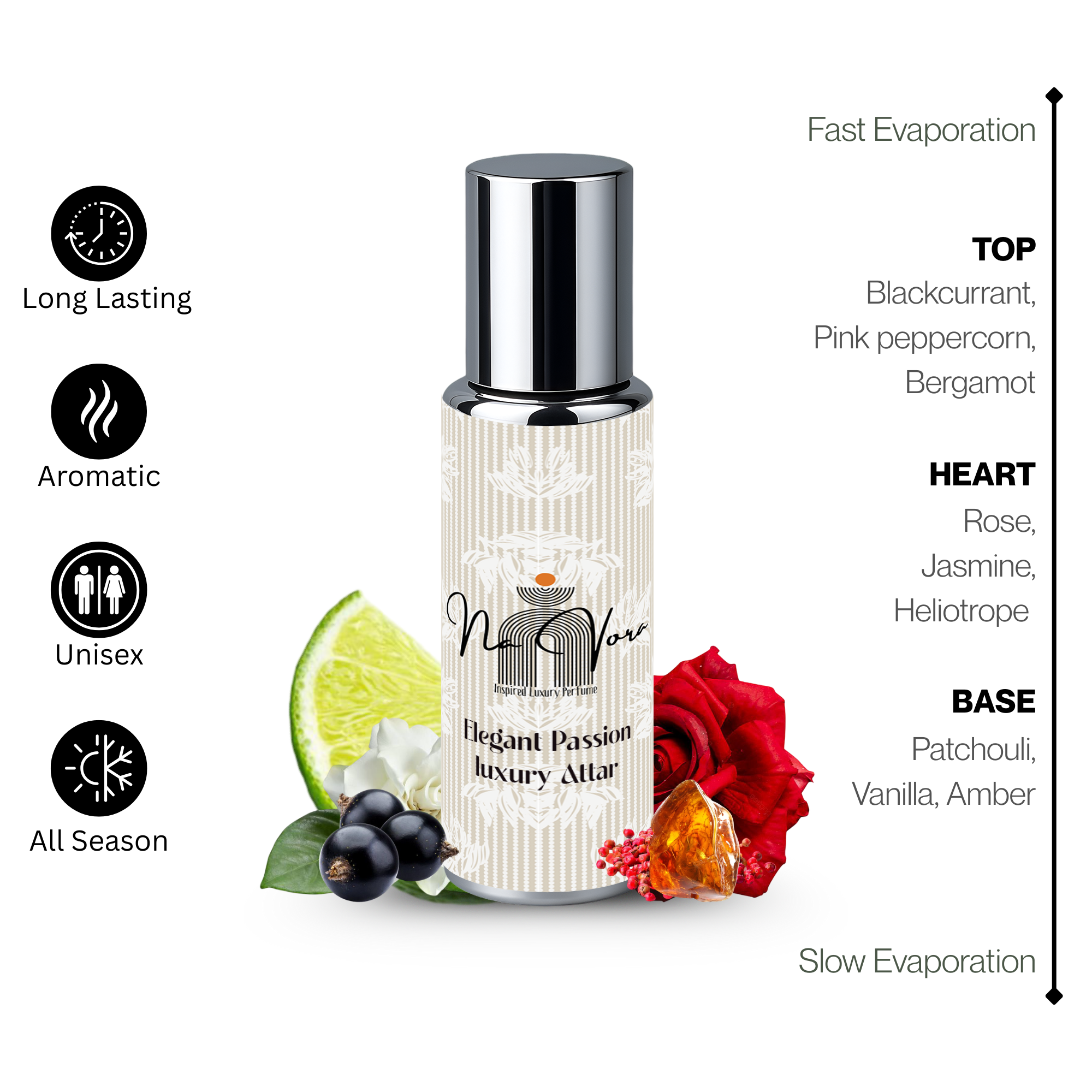 Floral Rose Jasmine Amber Fragrance Navora Elegant Passion Bottle 12ml