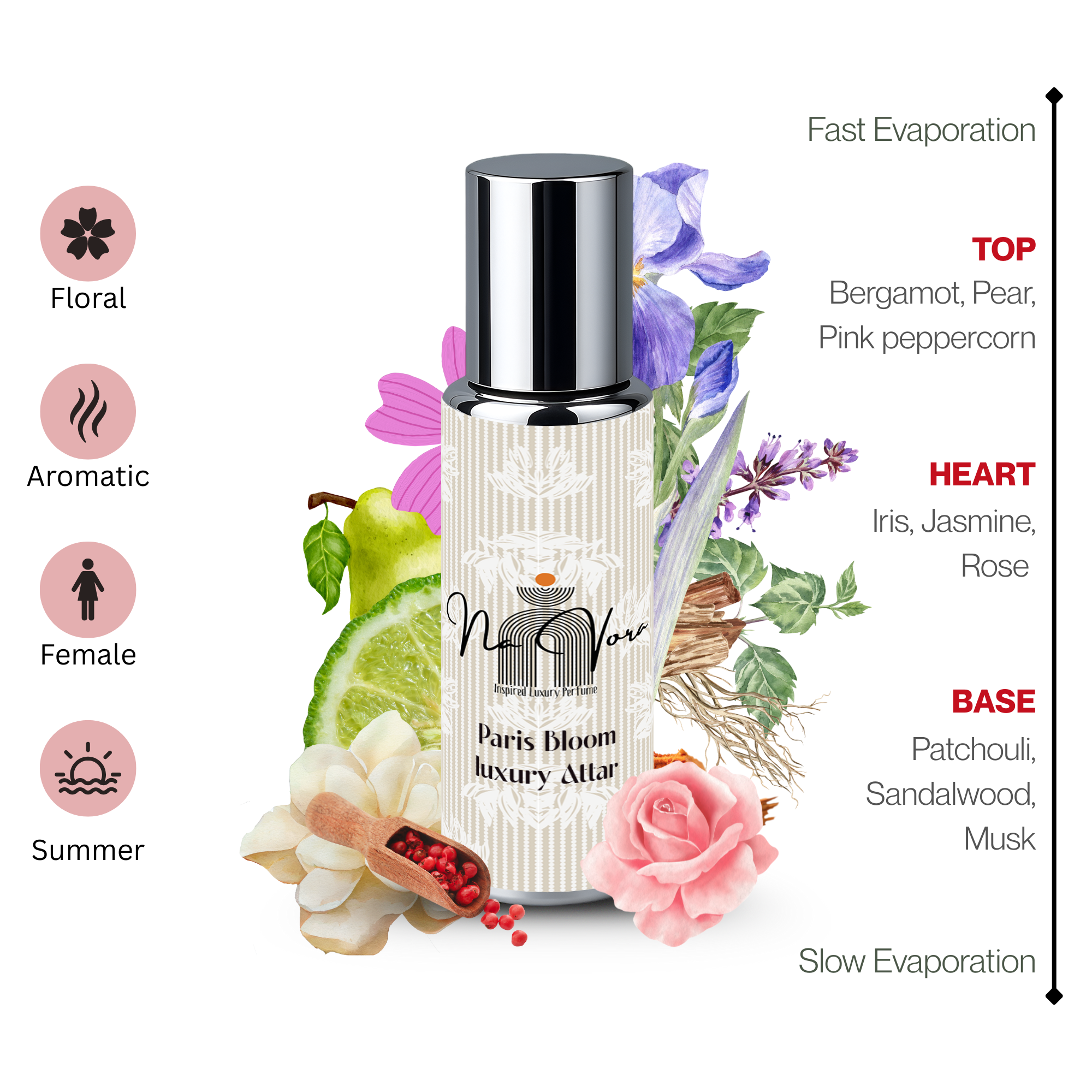 Fresh Rose Jasmine Fragrance Navora Paris Bloom Perfume Bottle 12ml