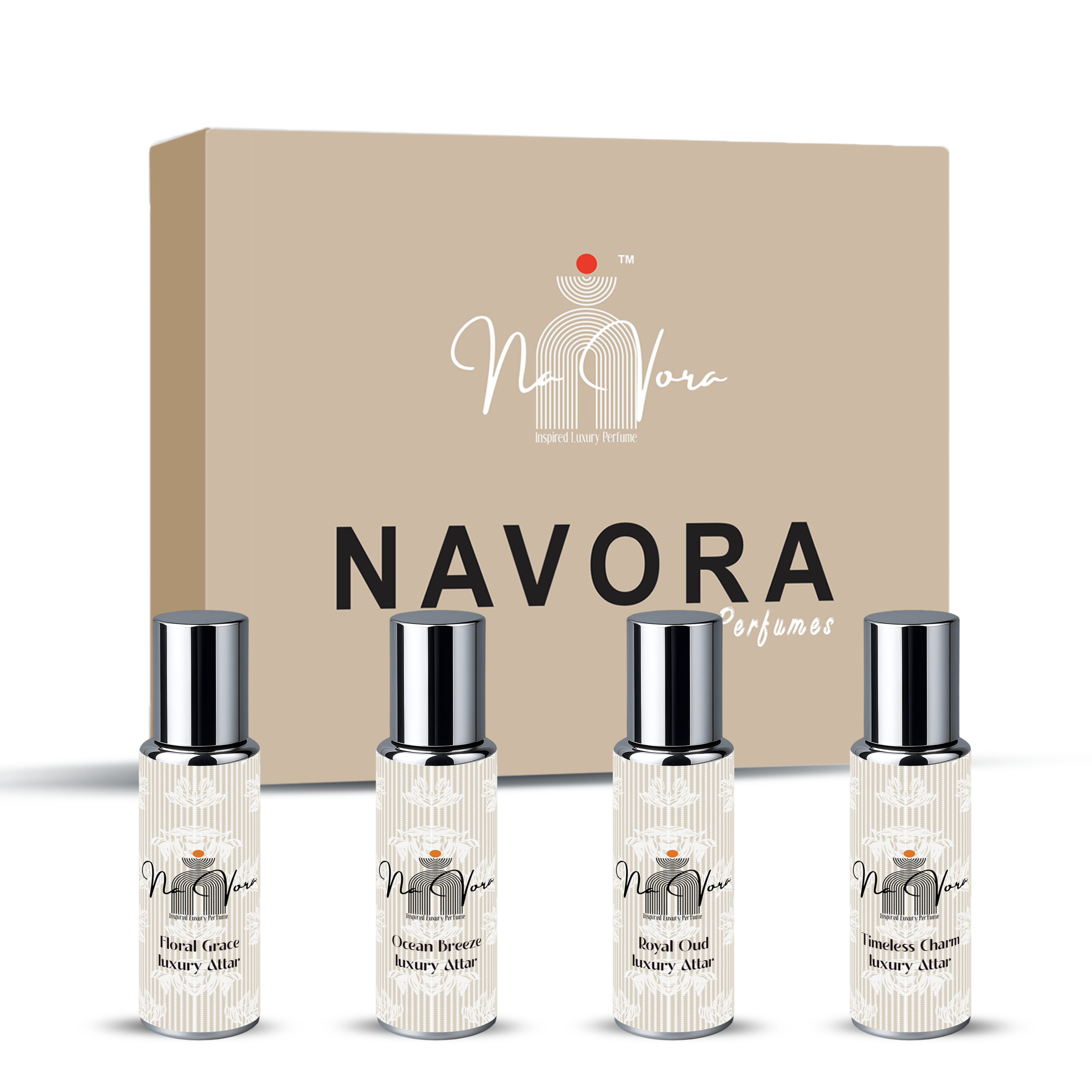 Navora Luxury Attar Set of 4 Roll-On – Alcohol-Free Long-Lasting Perfume Oils | Floral Grace, Ocean Breeze, Royal Oud, Timeless Charm